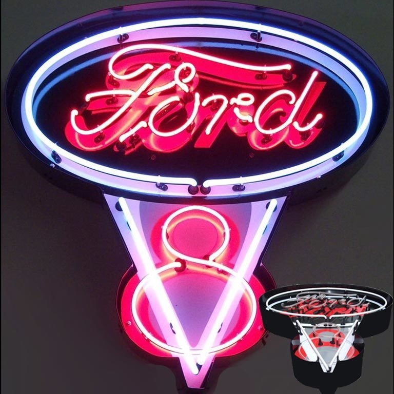 Ford V8 Neon Sign in Metal Can