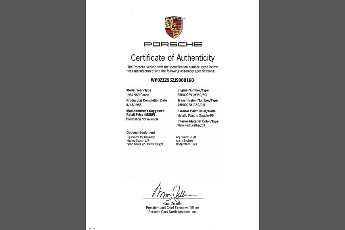 1988 Porsche 959 1988 Porsche 959 , GARNET, VIN WP0ZZZ95ZJS900160, MILEAGE 3995