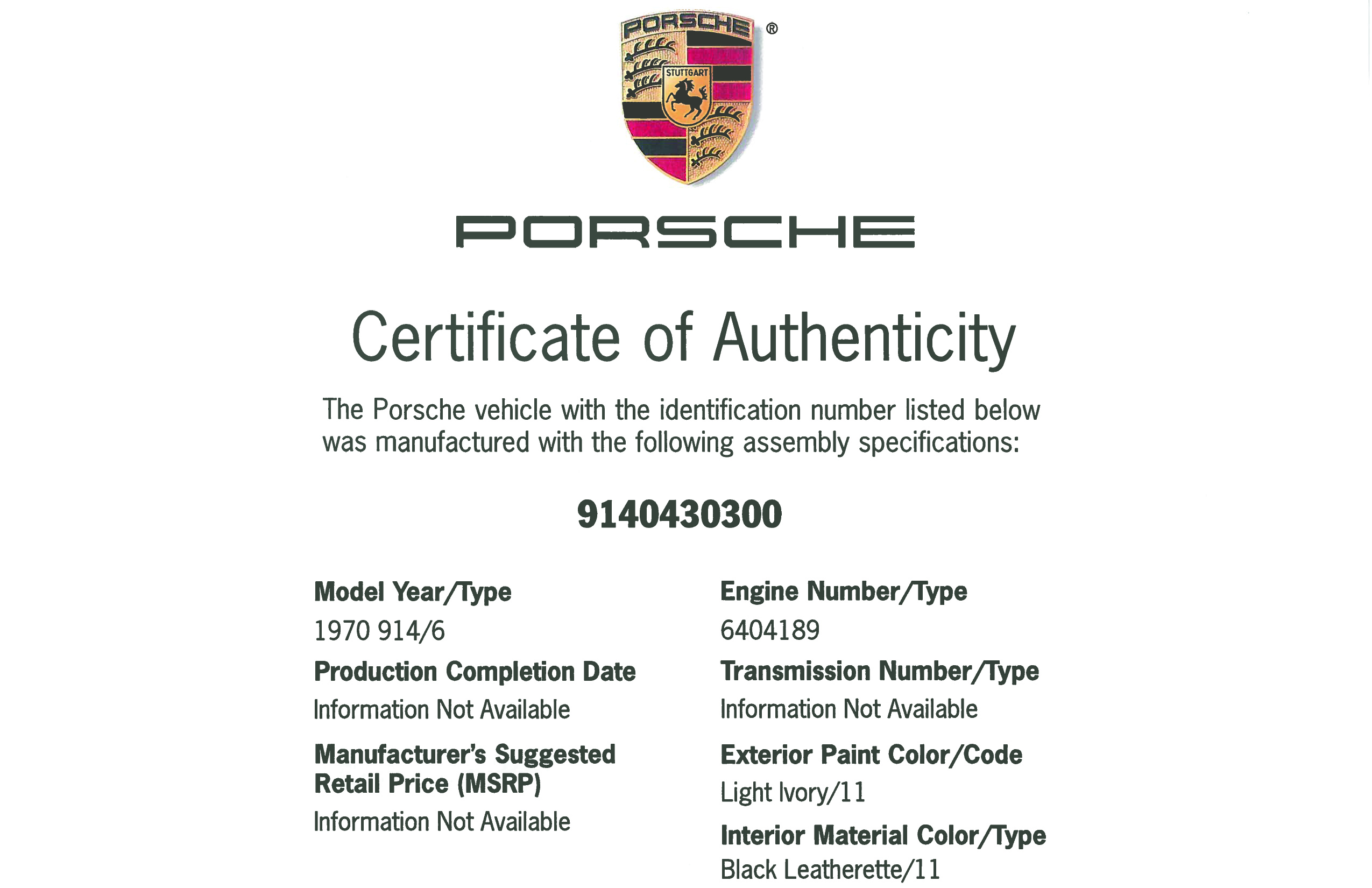 1970 Porsche 914-6 , LIGHT IVORY, VIN 9140430300, MILEAGE 394