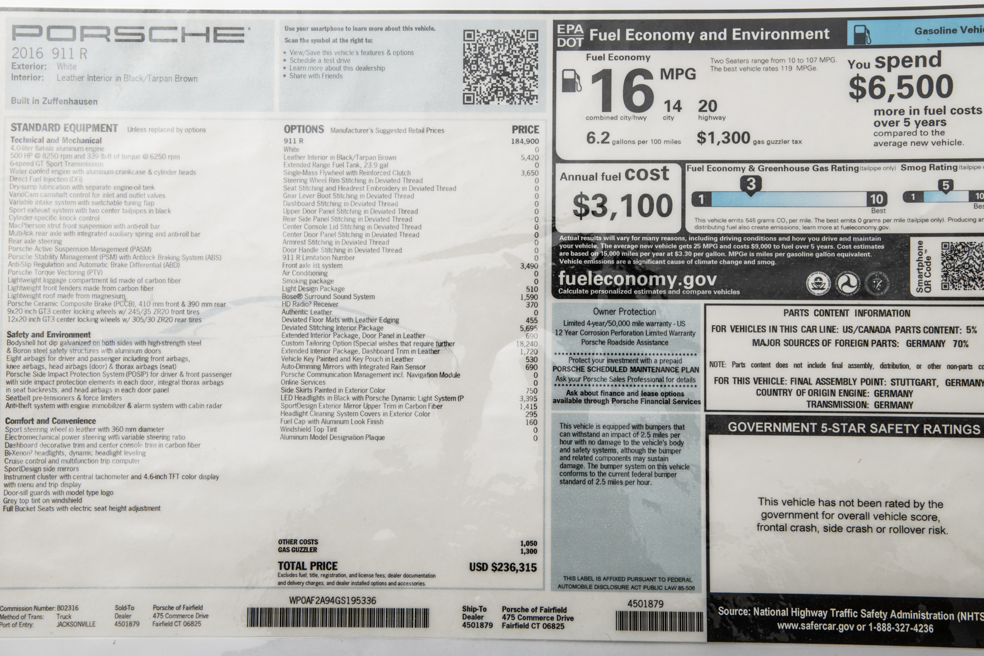 2016 Porsche 911R , WHITE, VIN WP0AF2A94GS195336, MILEAGE 874