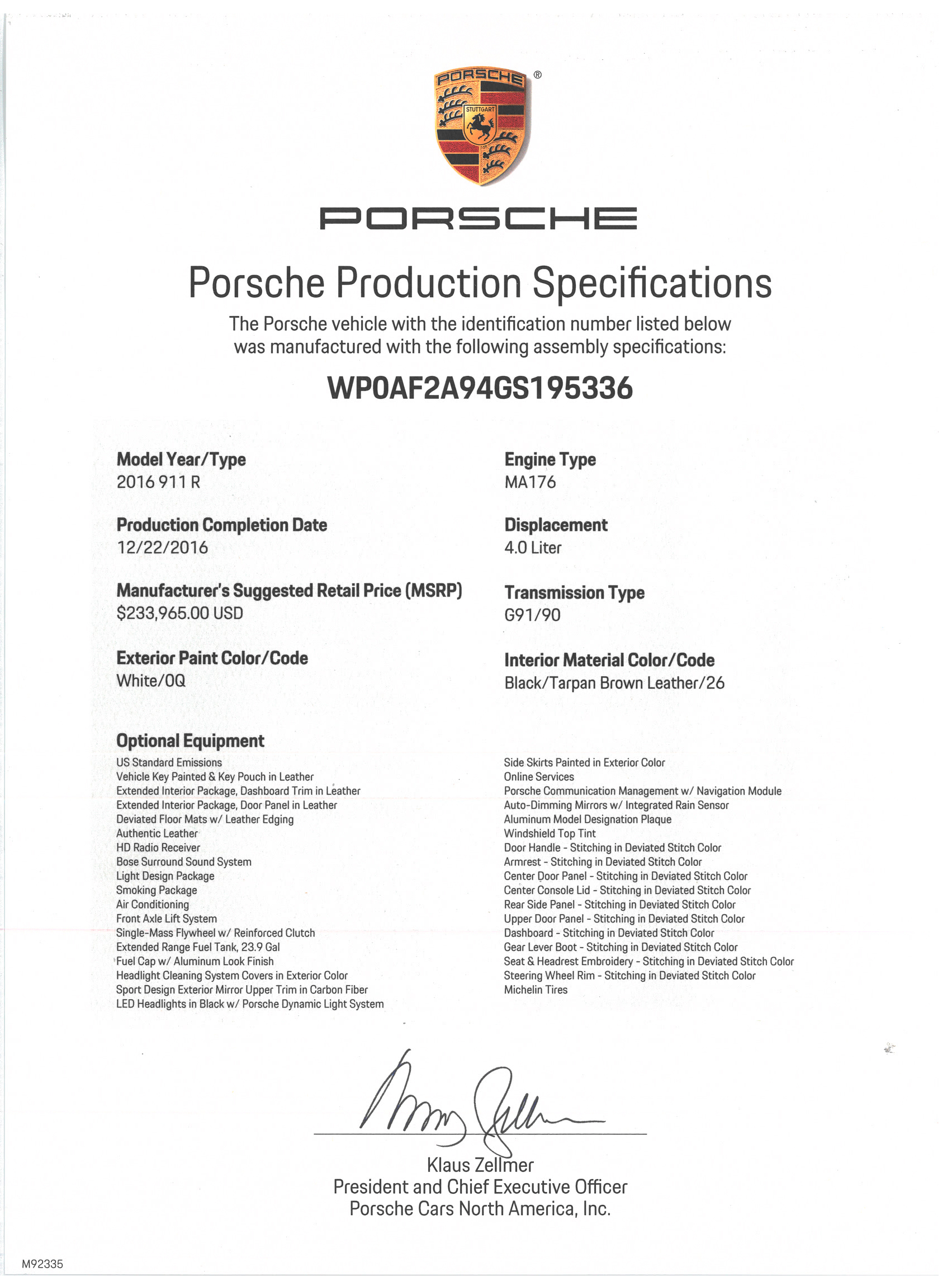 2016 Porsche 911R , WHITE, VIN WP0AF2A94GS195336, MILEAGE 874