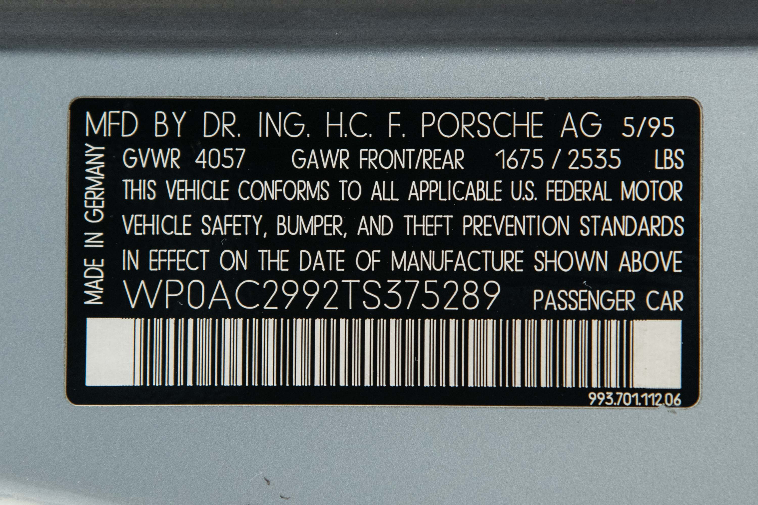 1996 Porsche 911 Turbo SC, POLAR SILVER METALLIC, VIN WP0AC2992TS375289, MILEAGE 15307