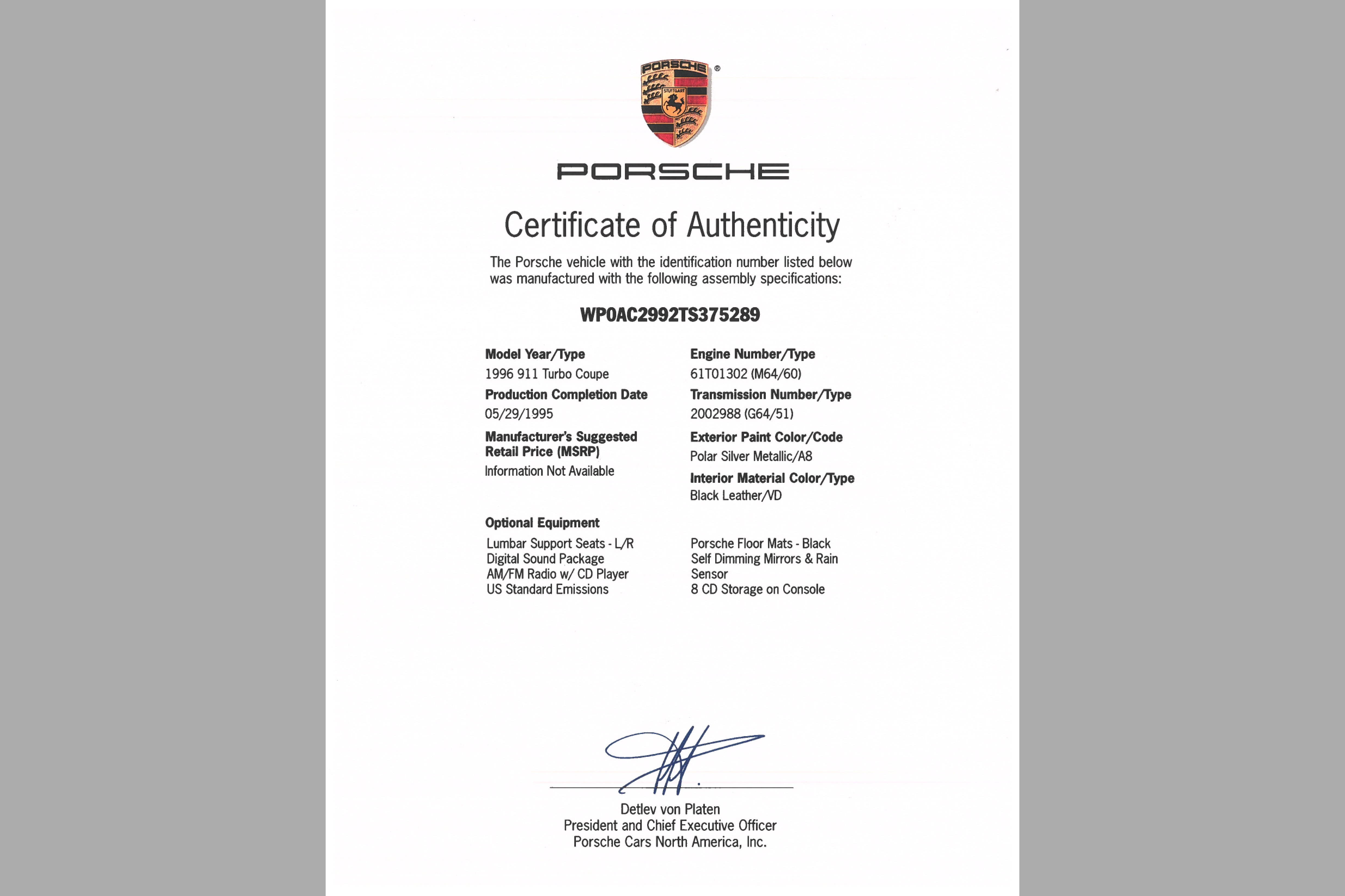 1996 Porsche 911 Turbo SC, POLAR SILVER METALLIC, VIN WP0AC2992TS375289, MILEAGE 15307