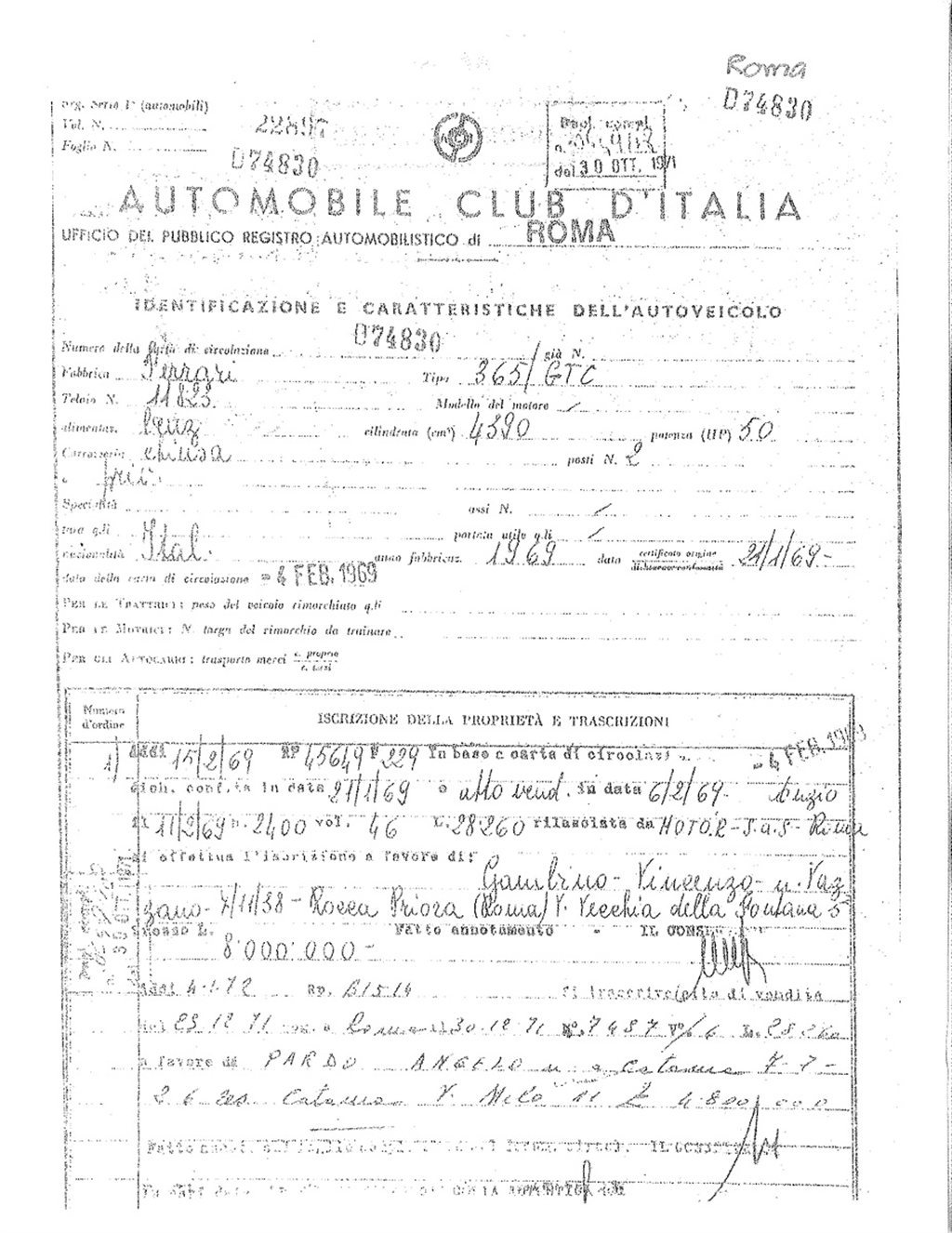 1968 Ferrari 365 GTC, BLACK, VIN 11823, MILEAGE 56880